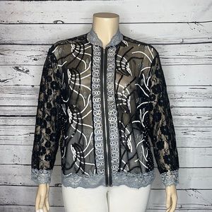 Dressbarn Woman Size 3X Floral Lace Polka Dot Sequin Zip Front Cardigan Jacket
